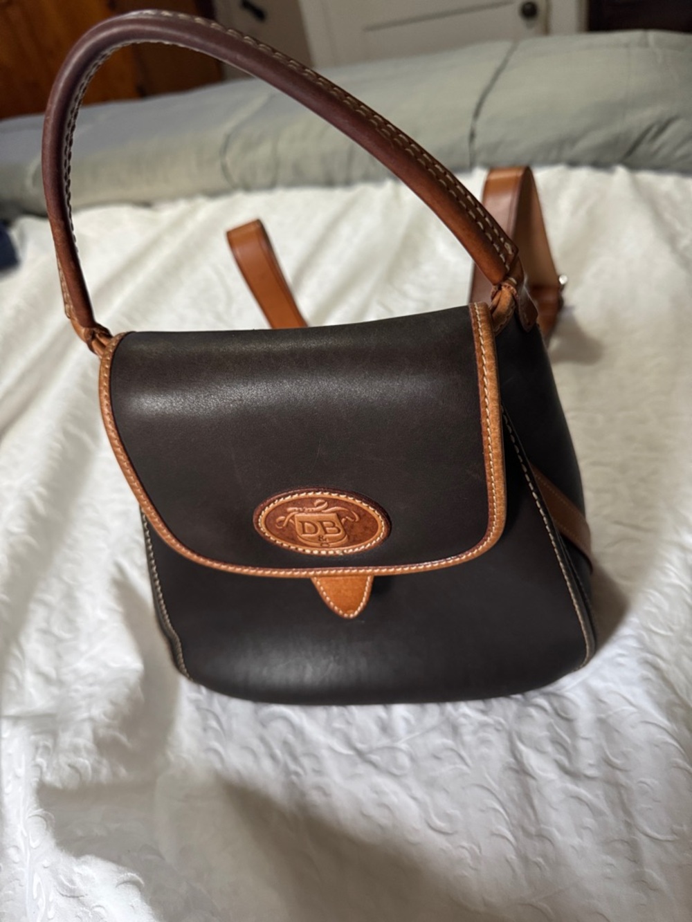 Dooney & Bourke Dark Brown Leather backpack  Bag with Tan Trim